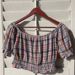 American Eagle Off-The-Shoulder Plaid Crop Top